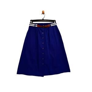 Vintage 70s 80s Skirt Size 13 Blue Twill Button Front Pleated Belt